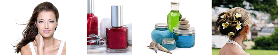 4 salon photos - a woman with long flowing hair; nail polish; shampoo & spa bottles; a woman with a wedding updo and flowers in her hair